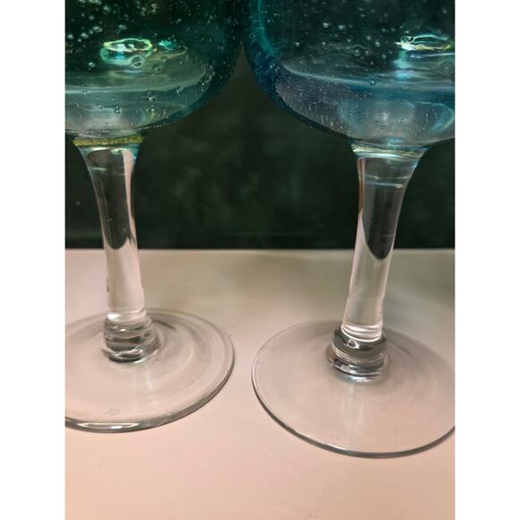 Bubble wine Goblets Three glasses 9" Tall  Ombre blue / green / yellow Mexico? - Picture 5 of 9